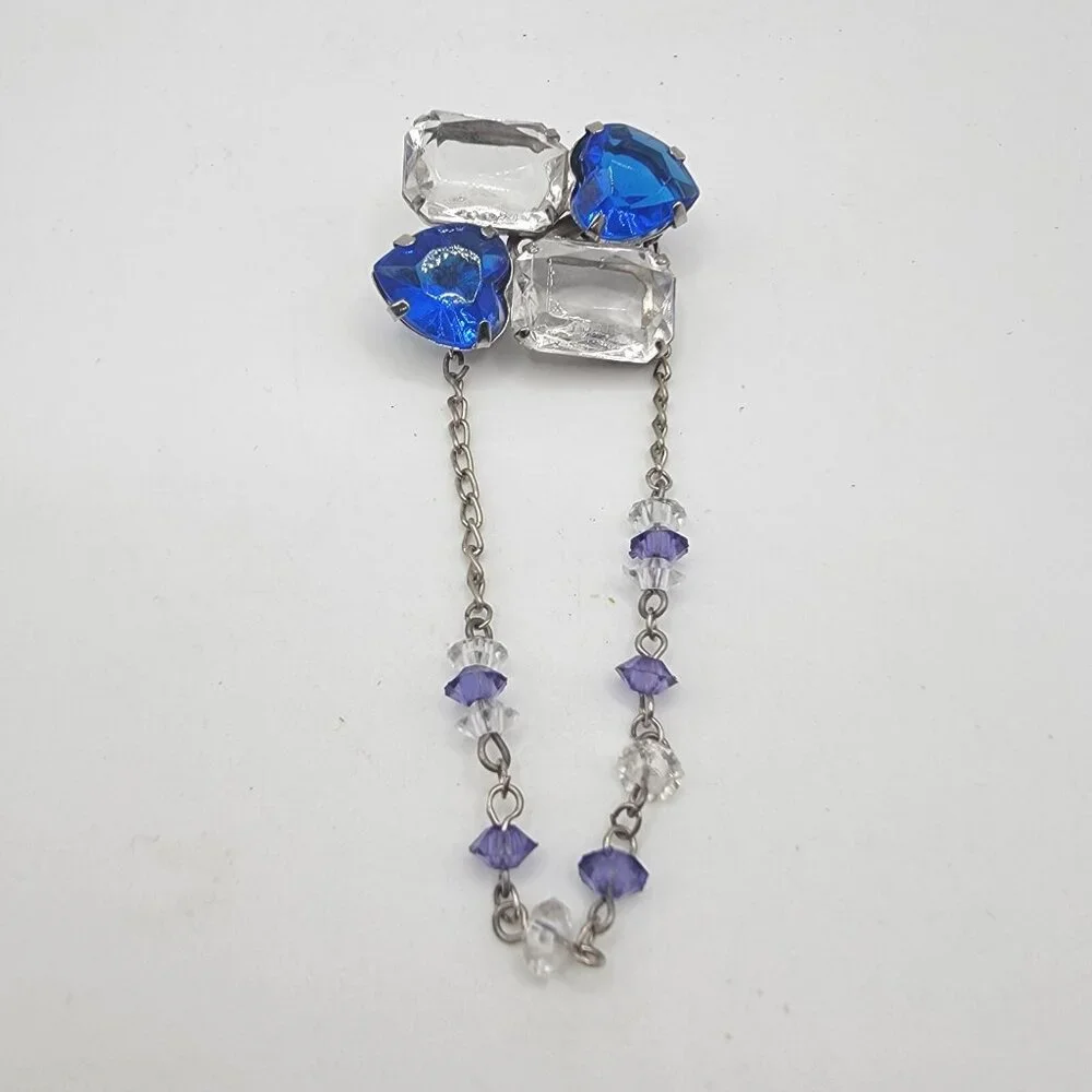 Unique Vintage‎ Blue And Clear Gems with Hanging Gems Pin Brooch
